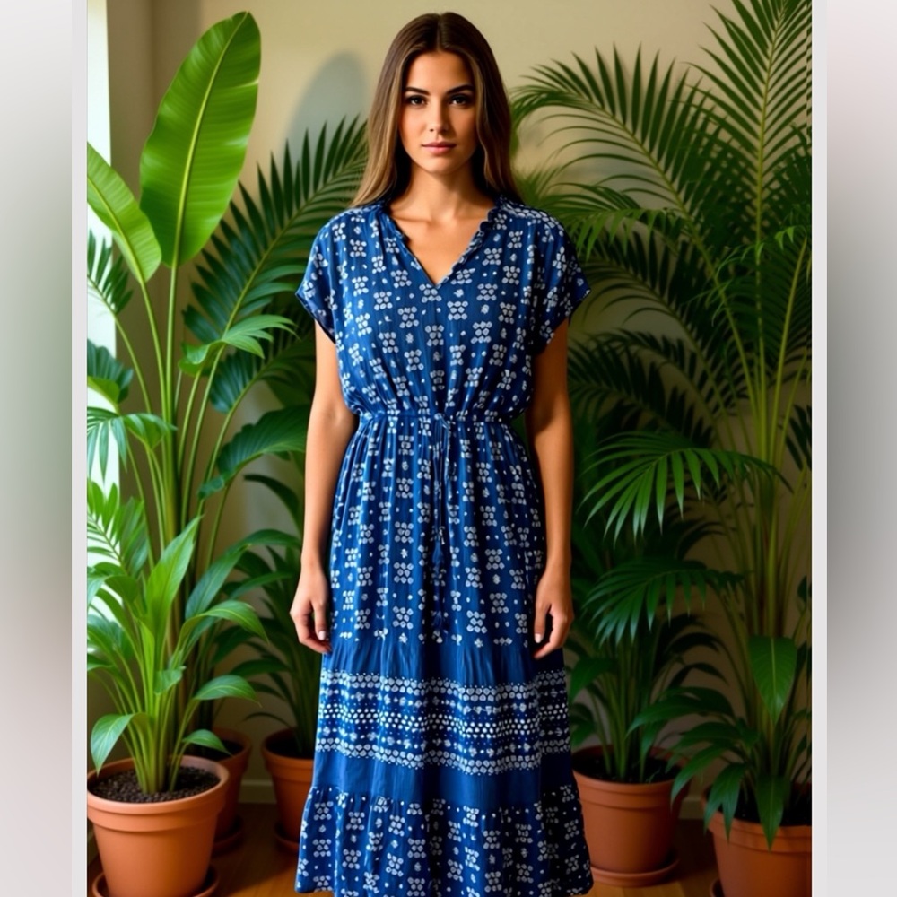 Women's Blue Printed V-Neck Tunic Top